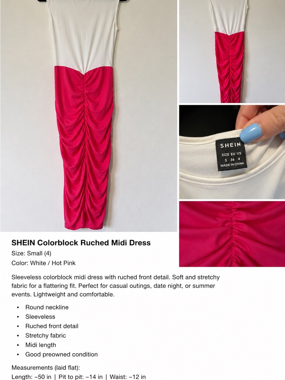 SHEIN White & Hot Pink Ruched Colorblock Midi Dress